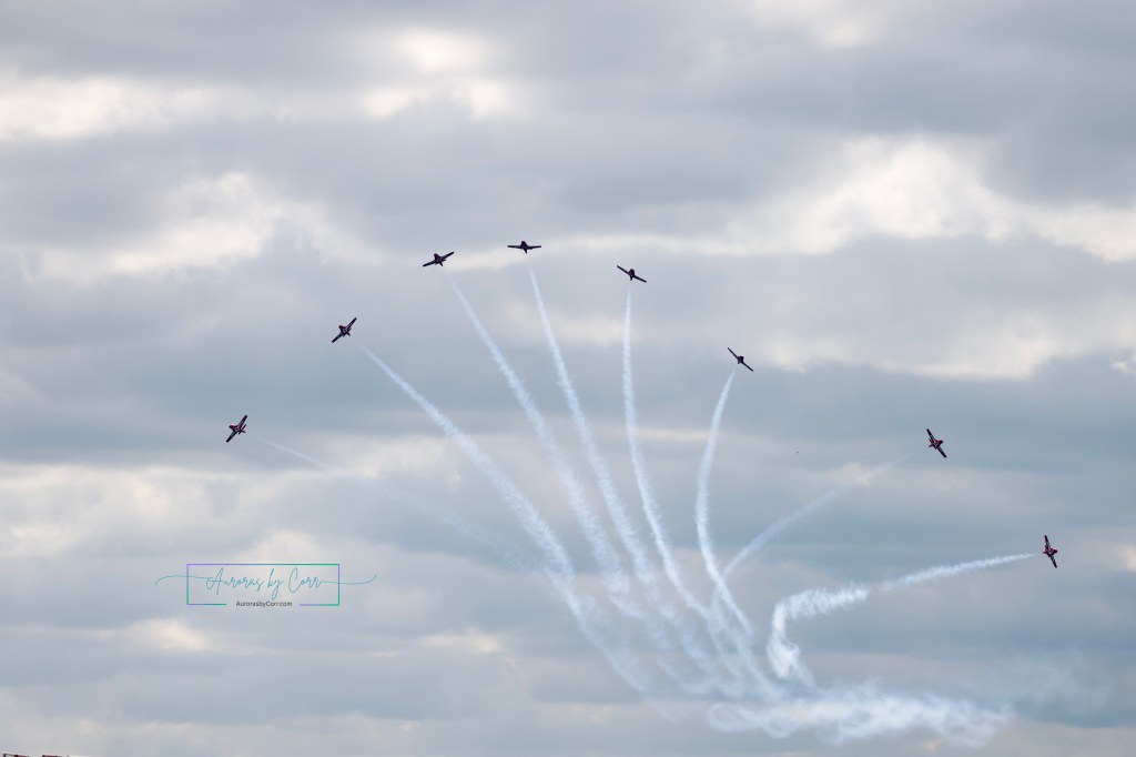 The RCAF Snowbirds fan out during a formation flight during the Cold Lake Air Show 2026