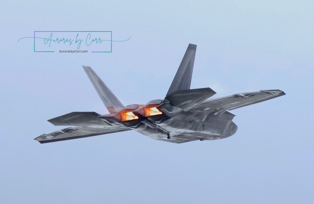 The afterburners of the F-22 Raptor as it flies over the Cold Lake Air Show 2026