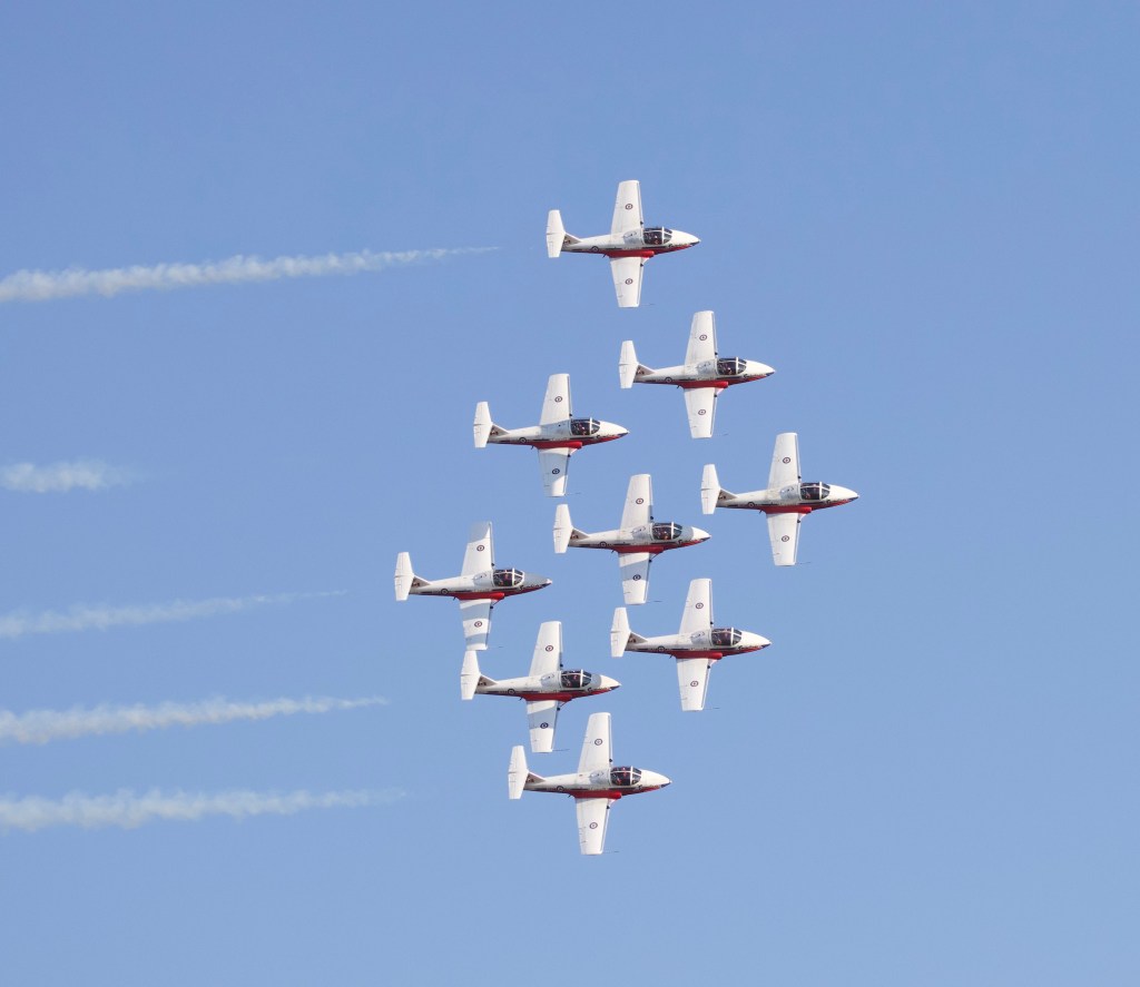 The RCAF Snowbirds perform their iconic diamond formation at the 2026 Abbotsford Air Show